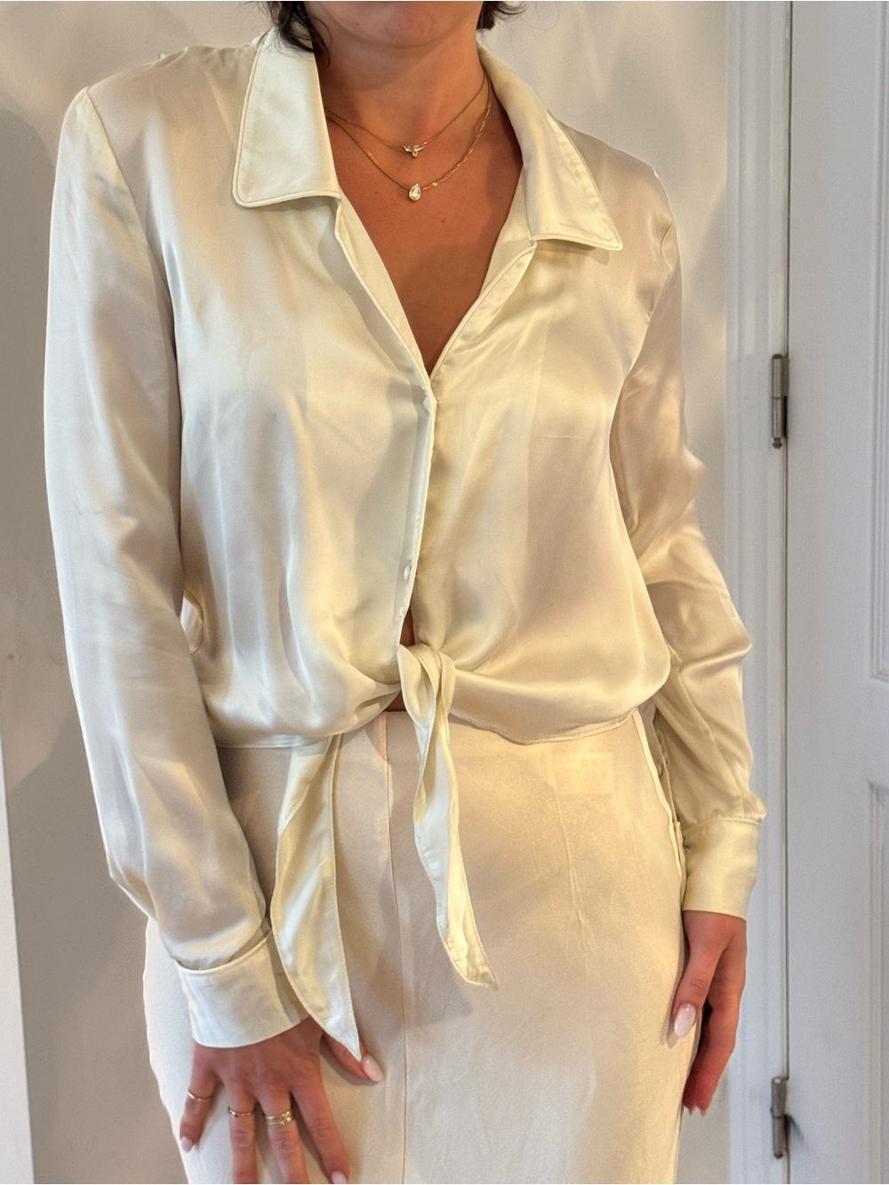 Aritzia Silky Tie-Front Cream Women's Blouse